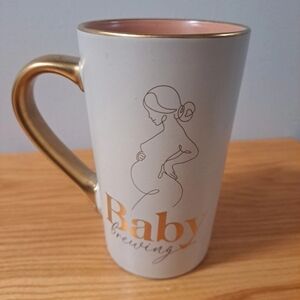 Baby Brewing Gold Ivory Peach 16 oz Tall Mug Bump to Mom Mama To Be Shower Gift